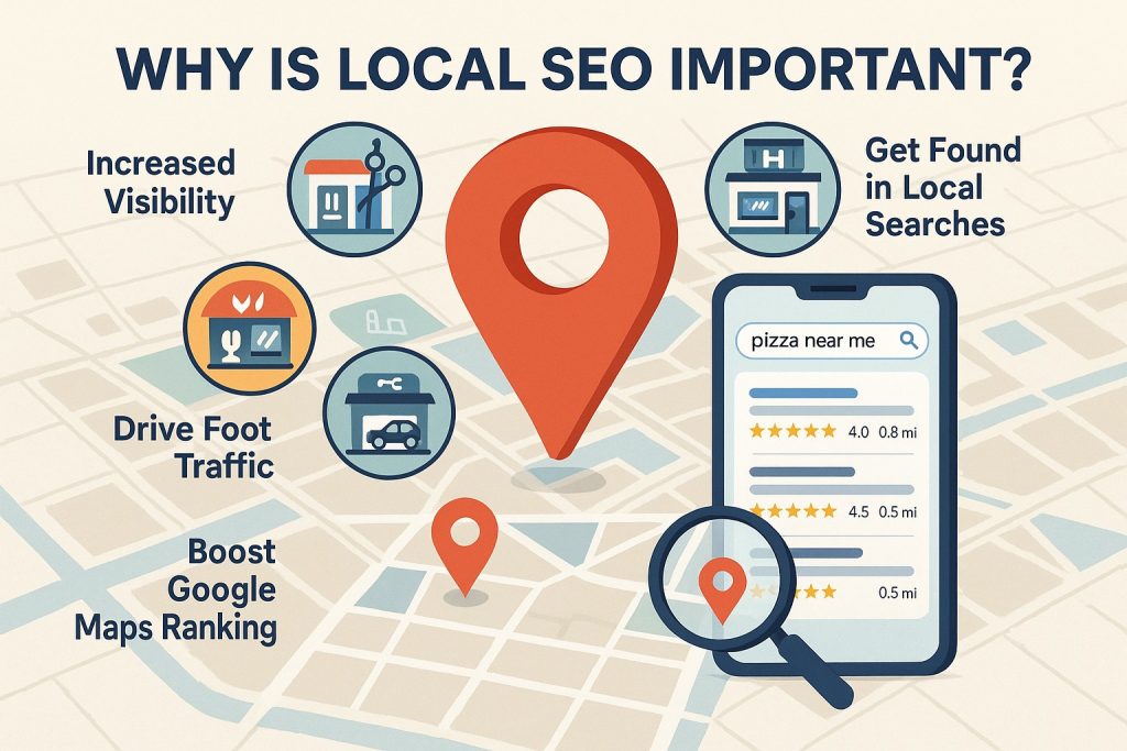 Infographic showing why local SEO matters: visibility, foot traffic, maps ranking, local search