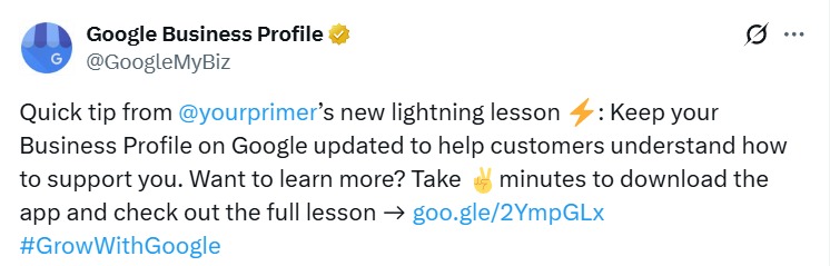 Tweet from GBP - Users to keep their profile updated to support customers.