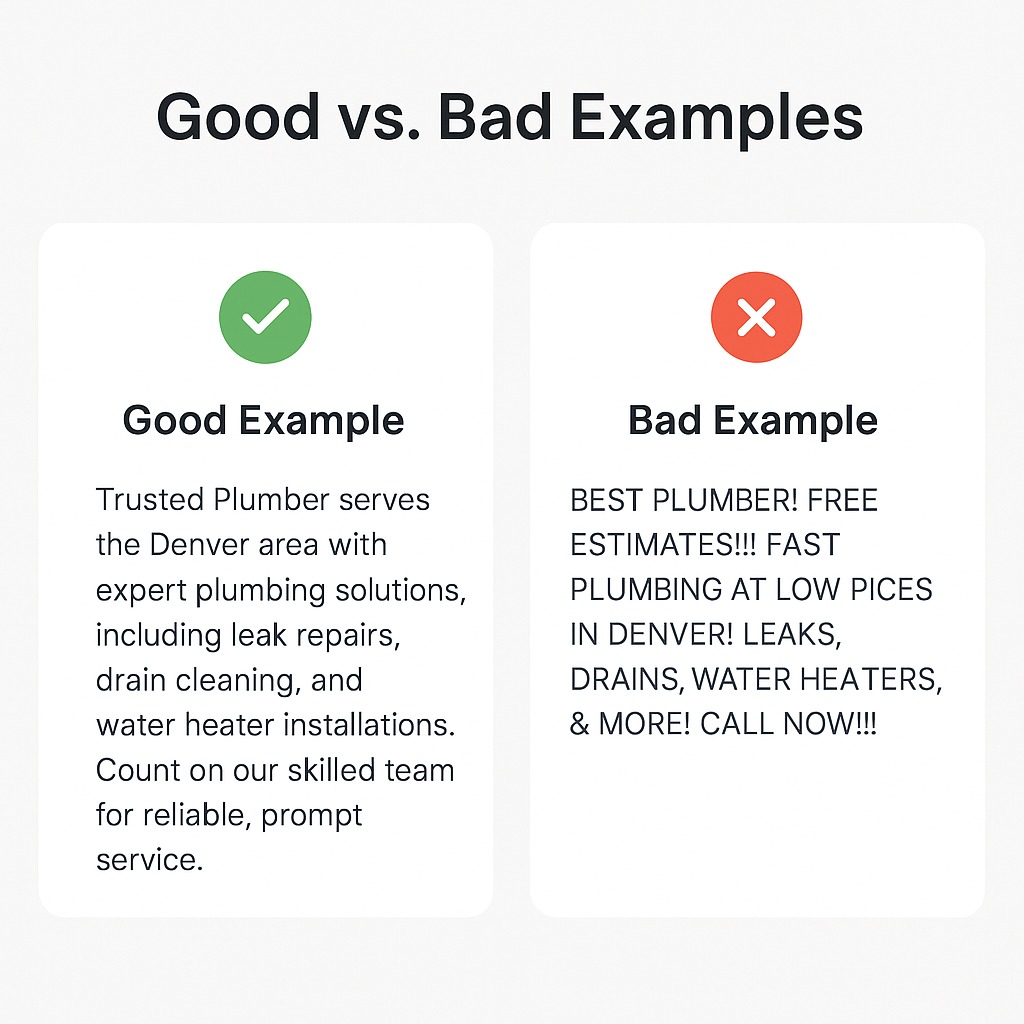 Comparison of good vs bad Google Business Profile description examples for plumbing services