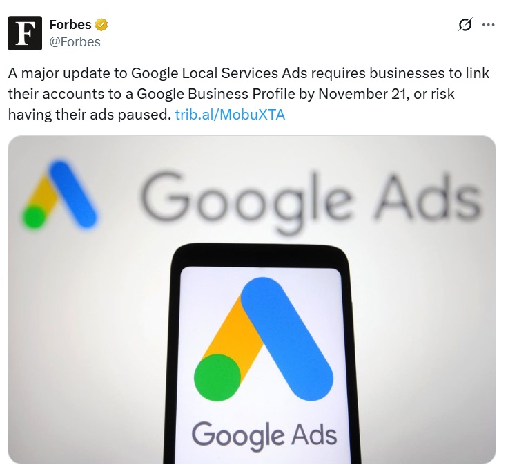 Forbes tweet announcing Google's new Local Services Ads policy requiring linkage to Google Business Profile