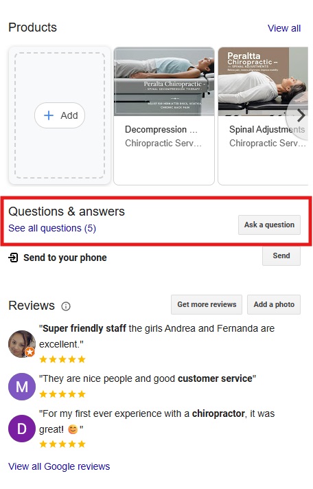 Google Business Profile showing Q&A section with 5 questions
