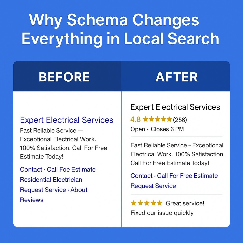 Before and after schema markup impact on local search listing with enhanced reviews and ratings