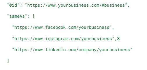 JSON-LD schema markup example using sameAs for Facebook, Instagram, and LinkedIn links