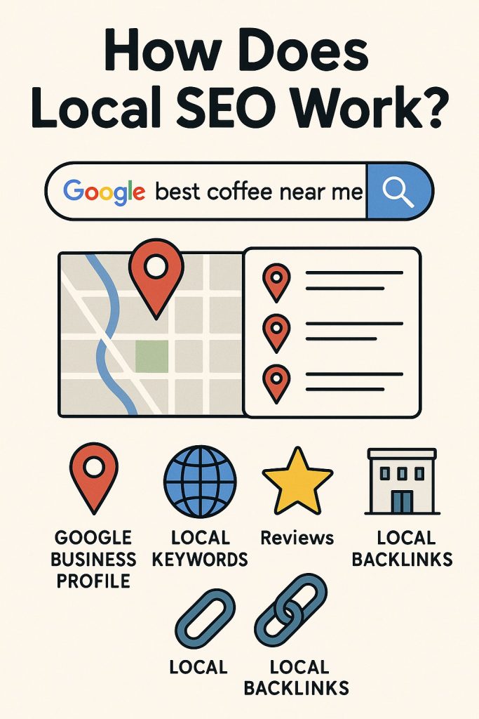 Infographic explaining how local SEO works using GBP, keywords, reviews, and local backlinks