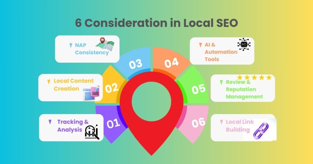 Infographic showing 6 key factors in local SEO: NAP, content, AI tools, reviews, links, tracking
