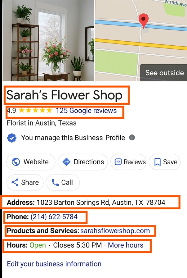 Google Business Profile of Sarah’s Flower Shop showing address, reviews, hours, phone, and website