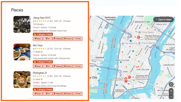 Google Local Pack showing top-rated Chinese restaurants in NYC with map locations, ratings, hours, and review options.