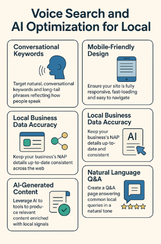 Optimize for local with voice-friendly keywords, mobile design, and accurate business data.