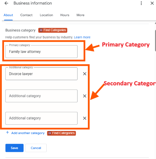 Primary Category is your main service; Secondary Categories highlight additional services to boost search visibility.