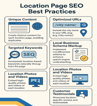 SEO best practices for location pages: unique content, keywords, schema, photos, and reviews