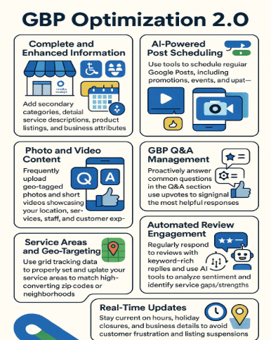 Tips to optimize Google Business Profile: posts, reviews, Q&A, photos, updates, and geo-targeting