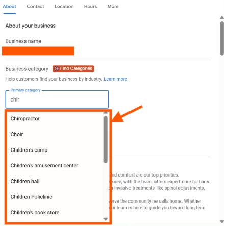 User searching for an existing category in business profile setup