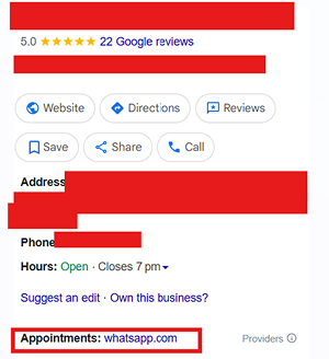 Google business listing showing WhatsApp link for booking appointments