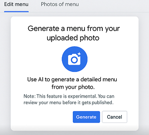 AI tool prompt to create a menu from an uploaded photo on Google Business