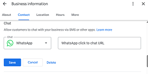 Google Business info screen to add WhatsApp click-to-chat link for customer messaging