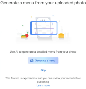 AI option to generate a detailed menu from an uploaded photo on Google Business
