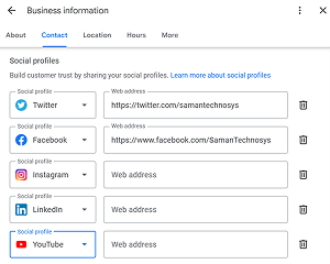 Google Business page to add and link social media profiles like Twitter, Facebook, Instagram, LinkedIn