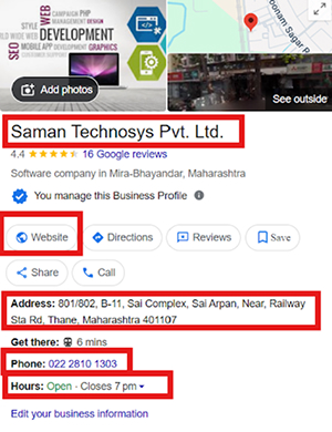 Screenshot of a Google Business Profile, showing business name, address, phone number, hours, and website link