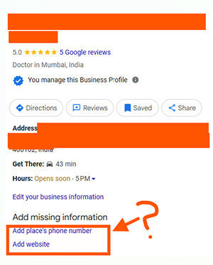  Google listing prompting to add phone number and website for a Mumbai doctor’s profile