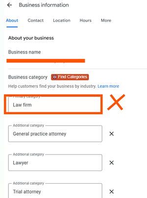  Business information screen showing incorrect primary category "Law firm" with additional categories for legal services.