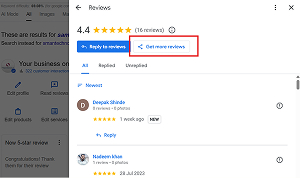 Google Business dashboard showing short review link copy section