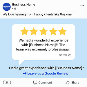  Facebook post template showing 5-star client review with CTA to leave a Google review