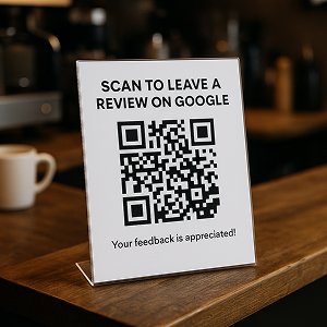  Countertop sign with QR code asking customers to leave a Google review for feedback