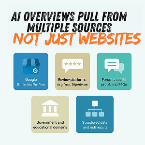 AI Overviews use sources like GBP, reviews, forums, .gov domains, and structured data