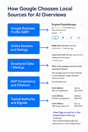  How Google selects local sources for AI Overviews using GBP, reviews, citations, and markup
