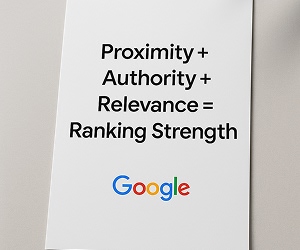 Google ranking strength formula showing proximity, authority, and relevance