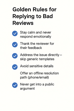 Golden rules for replying to bad reviews: stay calm, thank, address issues, avoid sensitive info.