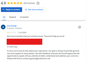 Example of a business replying to a 1-star Google review addressing claims of being money-driven