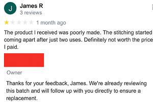  Example of a business replying to a 1-star Google review about poor product quality and stitching