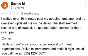 Example of a business responding to a 1-star Google review about long wait time and poor service