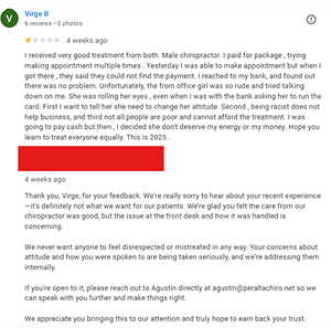 Example of a business responding to a mixed Google review with both praise and criticism