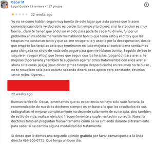  Example of a business responding in Spanish to a detailed 1-star Google review complaint