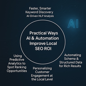 Infographic - At the center is a circle labeled “Practical Ways AI & Automation Improve Local SEO ROI.”
